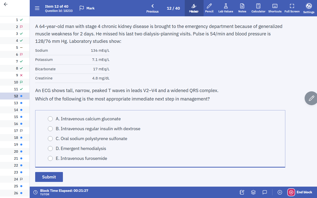 The MedPark exam runner in the UWorld layout